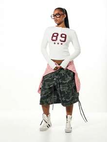 SUMWON WOMEN Long Sleeve Varsity Number Baby Tee With Button Detail Ribbed Crop Top College Style Graphic Print Stars - White - View 6