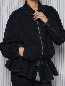 COUREZ Frill Hem Denim Track Jacket /Y2K Spring For Women Cute Going Out Black Jackets For Women Summer Jackets - Black - View 7