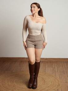 Lupita Cardoza 女士不对称领口罗纹休闲长袖 Y2K 杏色罗纹拉绒面料露肩露肩紧身衣秋季 - 杏色 - 查看 1