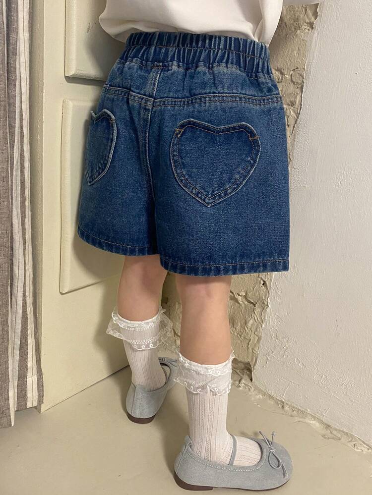 Young Girls Heart Pocket Korean Style Casual Washed Denim Shorts Spring Summer