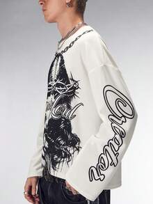 ROMWE MEN Men's Letter Print Loose Fit Round Neck Drop Shoulder Long Sleeve T-Shirt - White - View 2