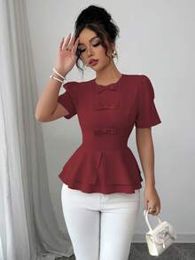 Elenzga Áo sơ mi nữ dáng chữ A hai lớp, cổ tròn, thắt eo, tay phồng, màu trơn, trang trí 3 nơ, thích hợp cho cả đi nghỉ mát và đi làm, màu hồng. - Màu Đỏ Sâu - Xem 4