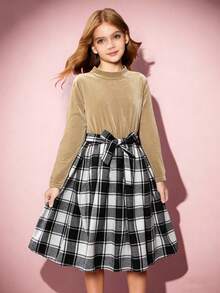 黑红格子连衣裙，适合少女穿着，设计优雅简约，黑色天鹅绒领长袖短款连衣裙，秋冬季适合上学、度假或参加派对；红黑格子修身A字长袖连衣裙，圣诞派对服装 - 卡其色 - 查看 5