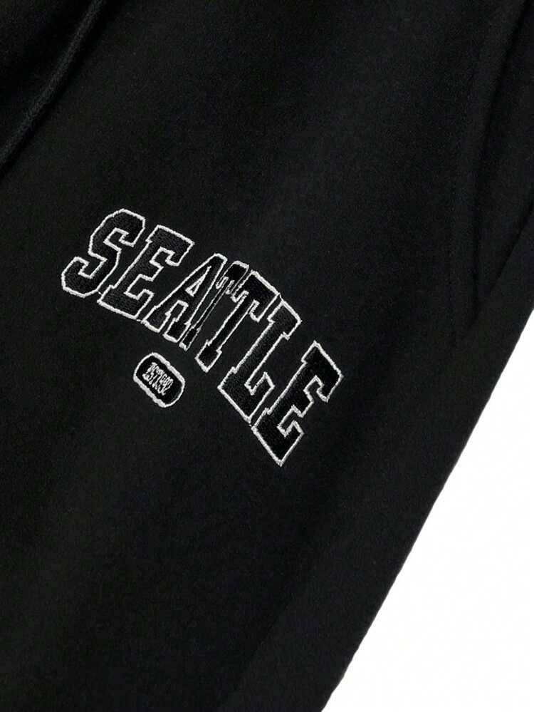 Men's Letter Print Thermal Lined Pullover Pullover Sweatshirt Set, Autumn/Winter