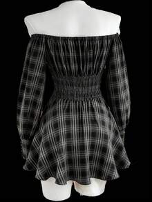 Flirla Plus Size Off-Shoulder Plaid Tie-Up Long Sleeve A-Line Short Dress - Multicolor - View 2