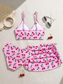 SHEIN Tween Girl Floral & Leopard Print Spaghetti Strap Tankini Bikini Set With Skirt,3 Pieces Set,Pink,Summer,Cute,Beach,Holiday Cheetah Teens Swimwear - Pink - View 2