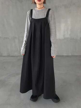 FRIFUL Women's Pleated Solid Color Maxi Pinafore Dress