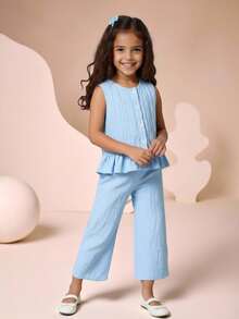 SHEIN 年轻女孩休闲街头时尚通勤装，纹理面料无袖圆领上衣和直筒裤套装 - 藍色 - 查看 9