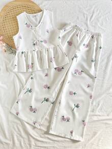 Vintaside Kids Bộ 2 món cho bé gái, gồm áo tank top không tay in họa tiết hoa và quần cạp chun. - trắng - Xem 1