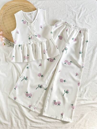 Vintaside Kids 2pcs/Set Girls Floral All-Over Print Sleeveless Tank Top And Elastic Waist Pants Set Girls Lounge Set Young Girl Pajama Set All Over Floral Pant Set Flower Girl Pajamas Girls Seashell Pajamas