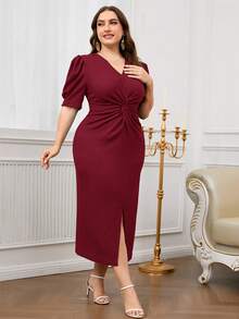 Modelyn Plus Size Women V-Neck Twist Ruched Slit Elegant Waist Gathering Party Dress - Red - View 5