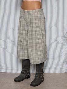 COUREZ 女士超大格纹牛仔短裤夏季穿搭，适合度假/街头休闲/Y2K/休闲音乐节 - 淺灰色 - 查看 5