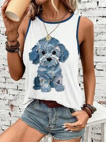SHEIN LUNE Women's Minimalist Printed Sleeveless Round Neck Tank Top Spring Beach Outfit Graphic Tank Tops Graphic Dog Top Sleeveless Graphic Tee Dog Shirt - Multicolor - View 6