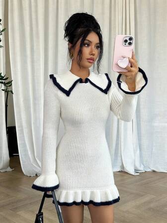 Rafferiza 优雅女士风格修身彼得潘领长袖针织撞色滚边荷叶边下摆米色女士春夏毛衣连衣裙