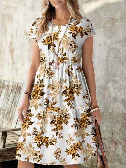 EMERY ROSE Casual Floral Print Loose Fit Round Neck Short Sleeve Midi Dress For Women, Suitable For Summer,Casual