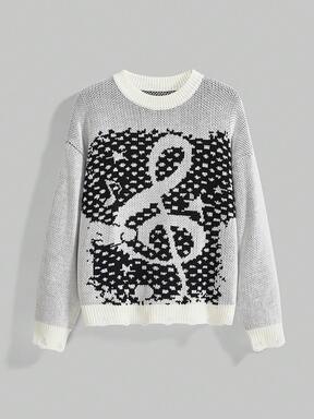 ROMWE Avant Women's Round Neck Musical Note Long Sleeve Knit Sweater