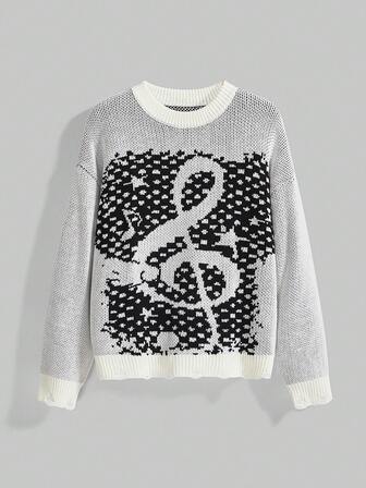 ROMWE Avant Women's Round Neck Musical Note Long Sleeve Knit Sweater