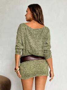 Aloruh Đầm mini ôm sát dáng dài tay, cổ thuyền, chất liệu vải tweed dày dặn, màu nâu, kiểu dáng thanh lịch, thường ngày, dành cho nữ, thích hợp cho mùa thu/đông. - màu xanh lá - Xem 2