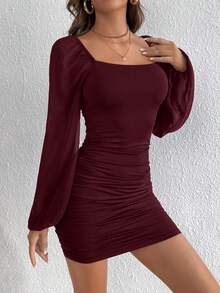 SHEIN Tall 女士纯色简约方领长袖连衣裙 - 紫色 - 查看 3
