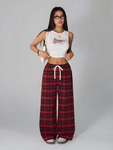 SHEIN PETITE Women Casual Plaid Print Drawstring Waist Pants Winter Christmas Chic Red New Year - Red - View 5