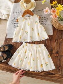 Emery Rose Kids Emery Rose Kids 两件套少女碎花蕾丝边无袖上衣和裙子套装 - 彩色 - 查看 6