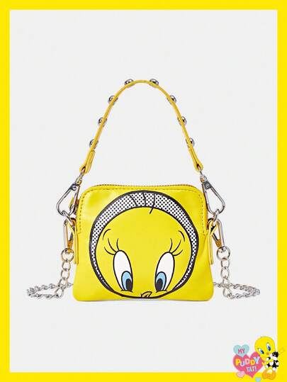 LOONEY TUNES X SHEIN Women's Fashion Personalized Minimalist Cool Streetwear Yellow Print Rivet Handbag, Shoulder Bag, Small Crossbody Bag (3-In-1 Style)