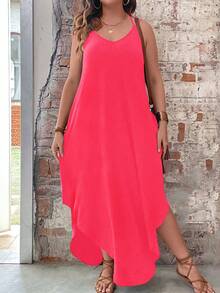 Breezaya Plus Size Solid Color Vacation Casual Dress With Curved Hemline Maxi Women Outfit - Pink - View 3