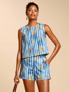 Travachic Women's Round Neck Striped Sun Print Camisole & Shorts 2 Pieces Set - Blue - View 6