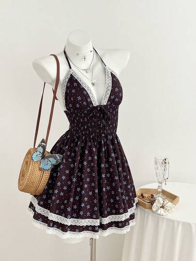 Elamini Women's Casual Ditsy Floral Lace Patchwork Ruffle Hem Tie Waist Bow Tie Neck Mini Dress, Spring/Summer