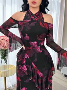 Modelyn 女士印花露背荷叶边收腰优雅长款派对连衣裙 - 玫紅色 - 查看 3