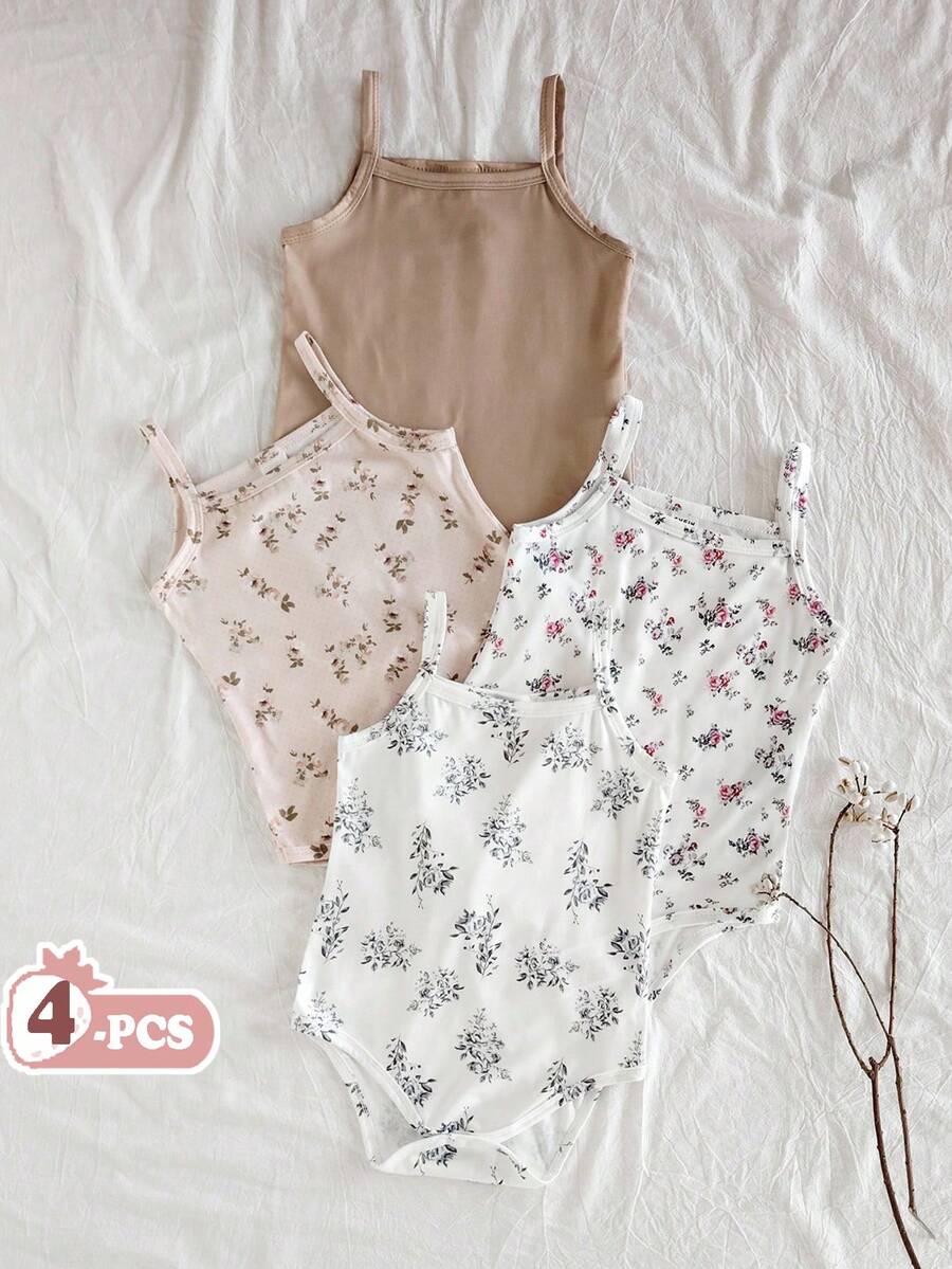 SHEIN Vintaside Kids 2pcs Baby Girls Ditsy Floral Bodysuit Suits, Fashionable Cute Countryside Style Bodysuit, Spring/Summer