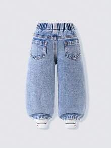 SHEIN Denimly 女婴休闲都市浅色水洗阔腿裤，全松紧腰带，心形贴片刺绣，可爱花卉钩编装饰，米色和白色花朵与水洗牛仔布相得益彰，温暖的秋冬气息与春夏的活力完美融合。 - 淺色水洗藍 - 查看 2