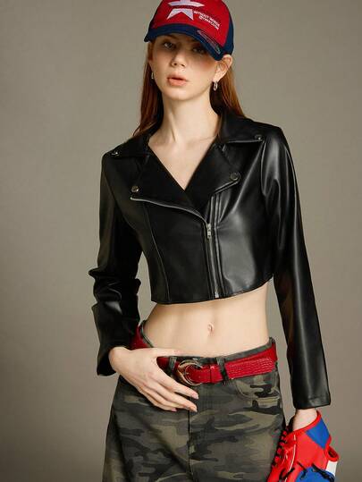 Elnivra Preppy Style Y2K Black Biker Style Short PU Leather Jacket With Metal Decor, Women Spring/Autumn