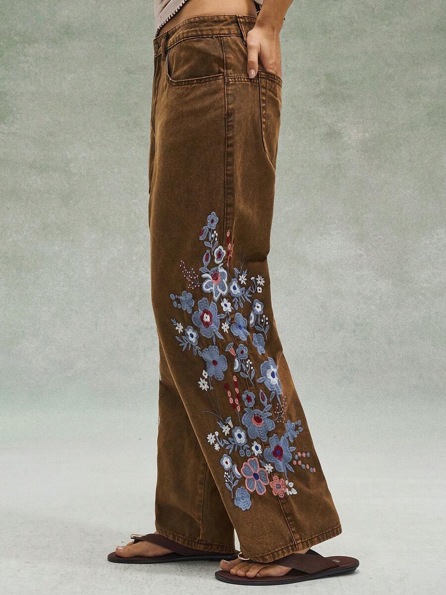 Bohemela Boho Brown Casual Vacation Embroidered Women Pants - Mocha Brown - View 1