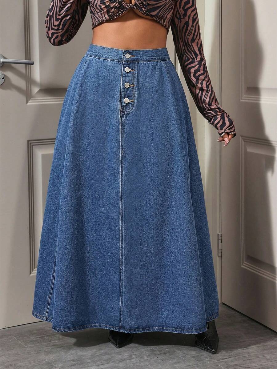 Slaydiva Plus Size Casual Washed Extra Long Denim Skirt - Medium Wash - View 1