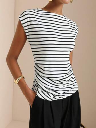SHEIN Veneréa 黑白条纹船领褶皱休闲女式T恤