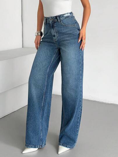 EURMUSE Jeans droits décontractés à taille haute avec poches en biais et lavés