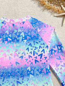 Tween Girls One-Pieces Swimsuit, Casual Vacation, Blue, Iridescent Gradient Heart Print, Long-Sleeved, Sun Protection Set  ,Tween Rashguard Swimsuit Tween Girl Rash Guard Long Sleeve Swimsuit Girl Tween Swimsuit Rashguard Teen Girl Swim Rash Guard Tween Long Sleeve Rashguard Tween Girl Swim Rash Guard - Multicolor - View 5