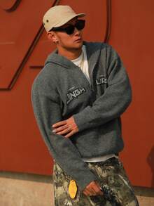 DAZY Men's Letter Print Half-Zip Hooded Sweater, Grey, Autumn - Grey - View 5