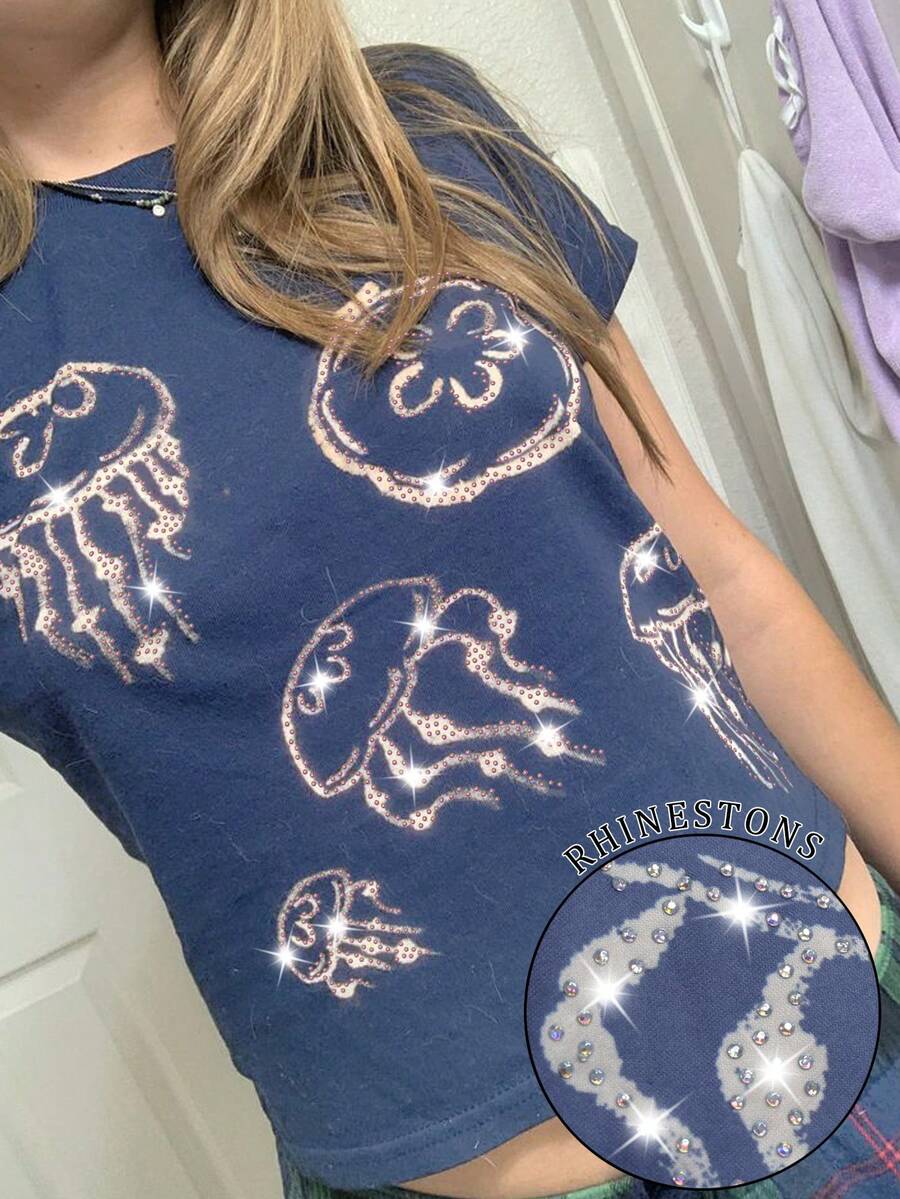 Sundraya Shiny Jellyfish Print Crop Top, Fashionable & Minimalist, A Gift For Friends - Multicolor - View 1