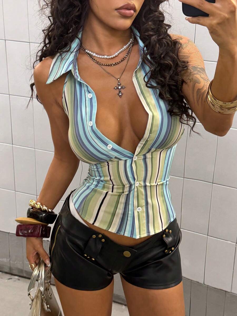 StreetHx Women's Casual Striped Backless Sleeveless Shirt - Multicolor - View 1