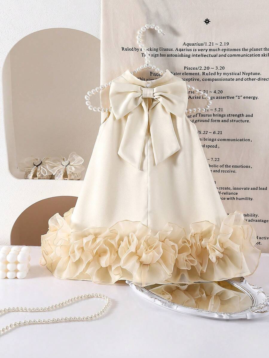 SHEIN 女婴可爱优雅杏色碎花欧根纱无袖宽松连衣裙