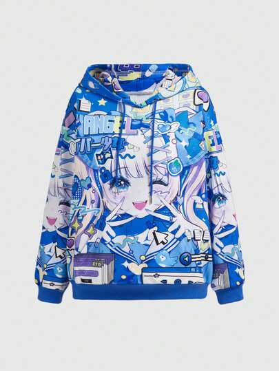 Sudadera holgada con capucha, cordón y estampado de chica anime de manga larga para mujer