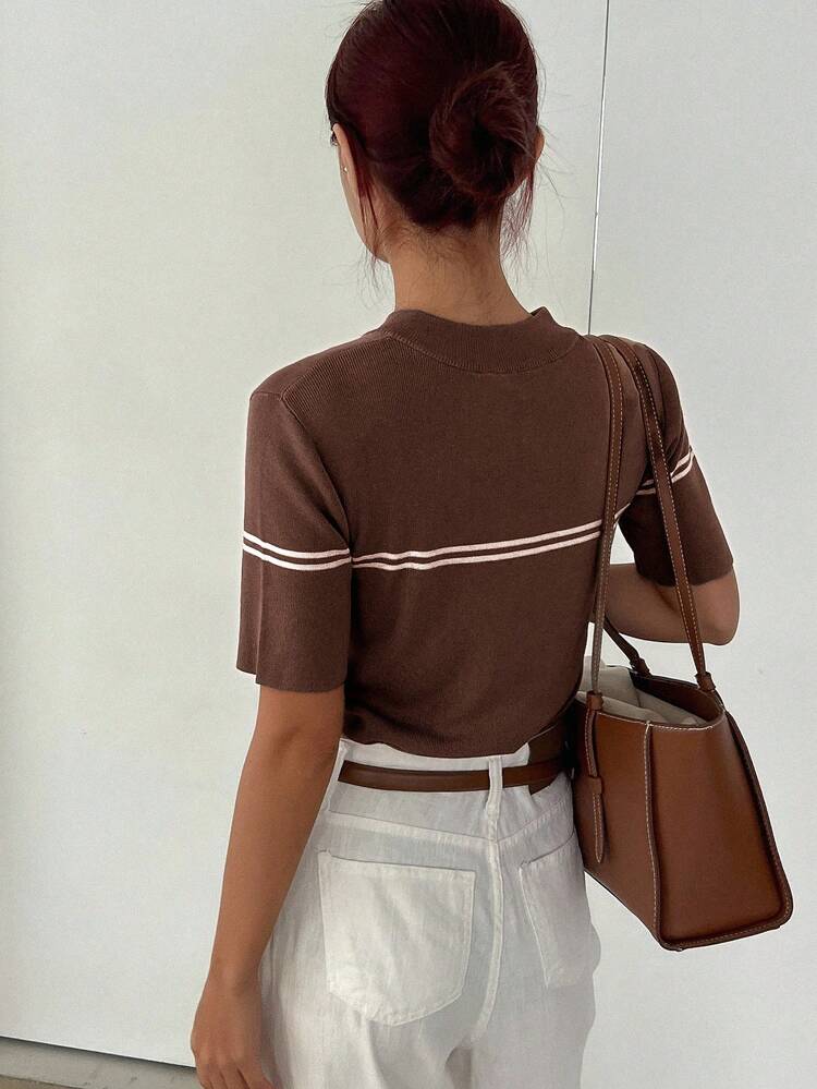 Spring & Summer Fashion Brown & White Striped Color Block Loose Casual Business Office Wear Polo Shirt Pullover Knit Top For Women