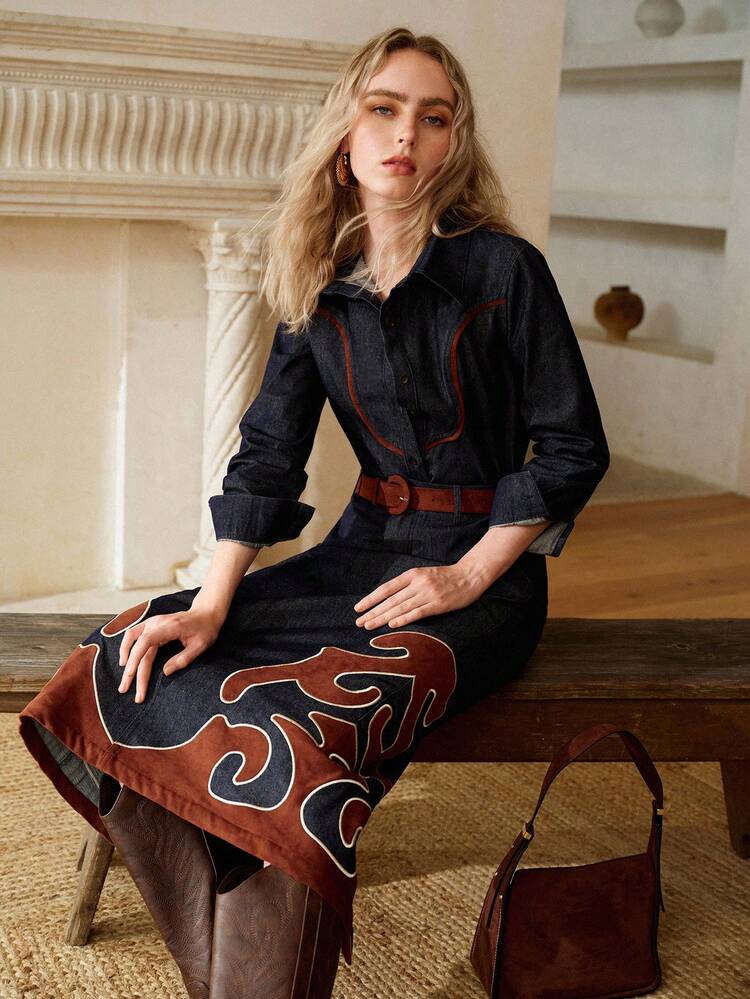 WOMEN'S ELEGANT EMBROIDERED DENIM SKIRT WITH BELT
