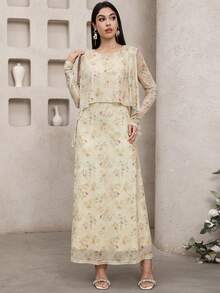 Veilorie Women's Floral Print Round Neck Long Sleeve Elegant Arabic Dress - Multicolor - View 4