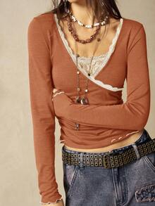 Bohemela 女士休闲纯色V领长袖修身T恤 - 棕色 - 查看 2