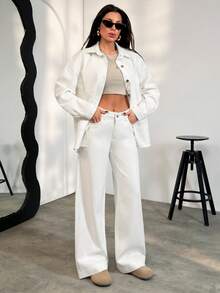 SHEIN Women's Casual Fashion Street Style Everyday Commute Patchwork Pocket Denim Jacket And Wide Leg Jeans Set, Spring/Autumn - White - View 3