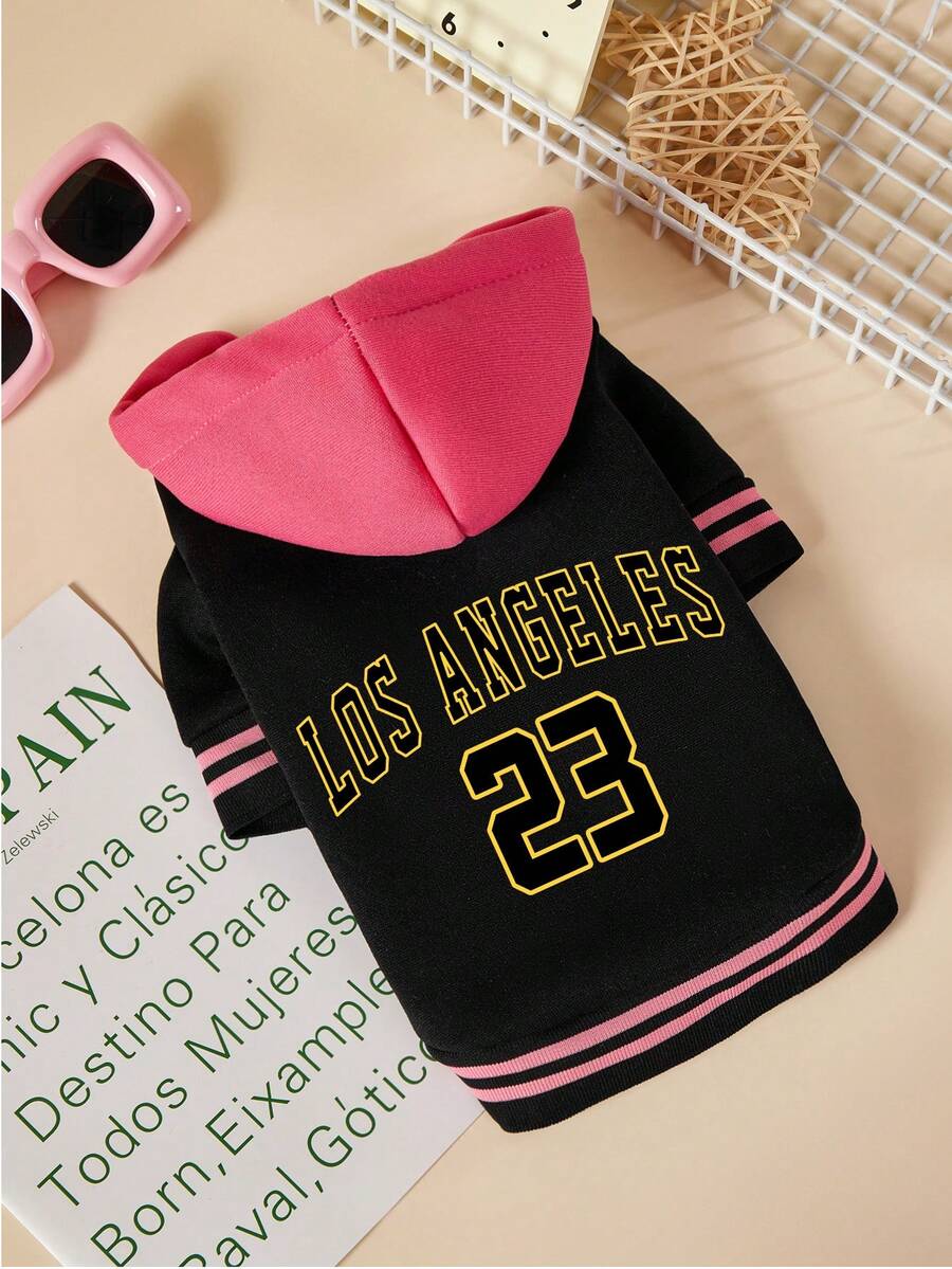 1件运动风格字母数字23印花宠物外套，玫瑰红缝线，黑色休闲风格，加厚保暖宠物连帽衫 - 彩色 - 查看 1