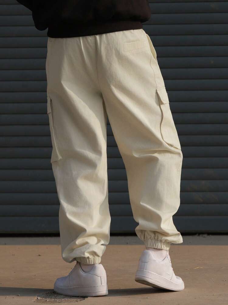 Men's Elastic Waist Khaki Cargo Pants, Casual Jogger Style, Spring/Autumn
